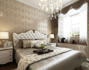 双人床实木床壁纸混搭床上用品卧室背景墙时尚温馨的卧室设计装修效果图